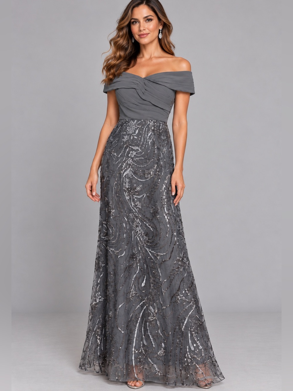 NWT Gray Sequin Embroidered Gown Walk-Through Chiffon Overskirt Gown 8